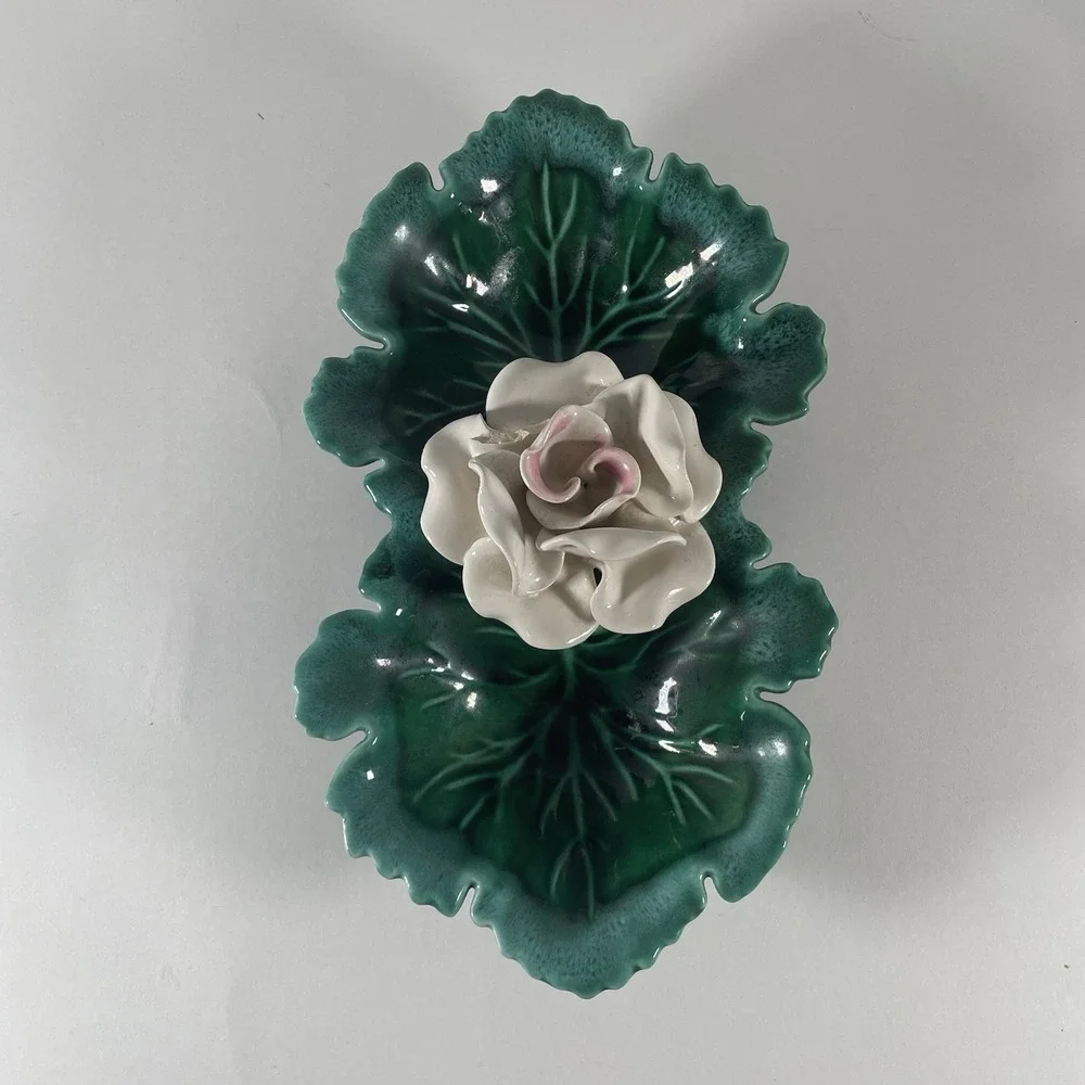 Vintage USA Pottery Leaf and Rose Divided Dish Mid Century‎ Trinket Bowl